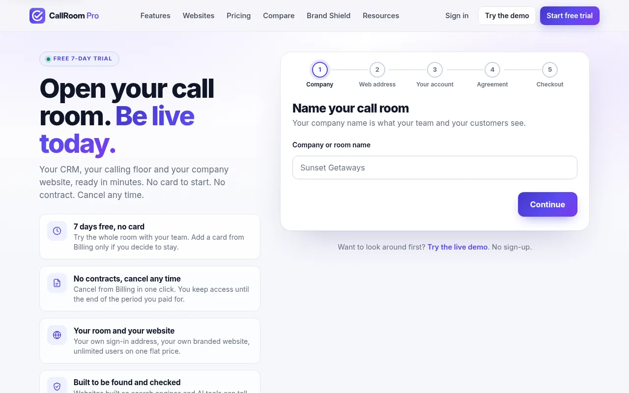 CallRoom Pro signup, name your call room step