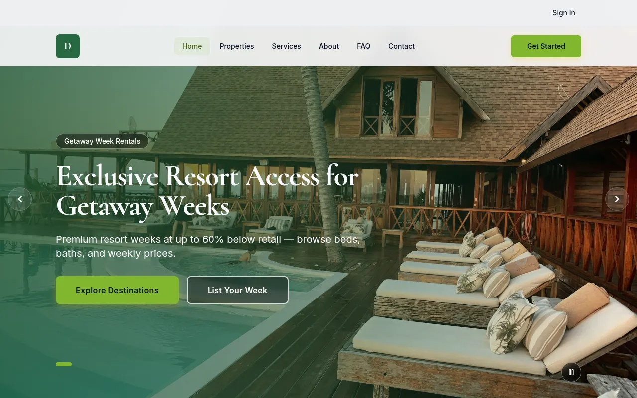 CallRoom Pro client website demo with getaway week listings