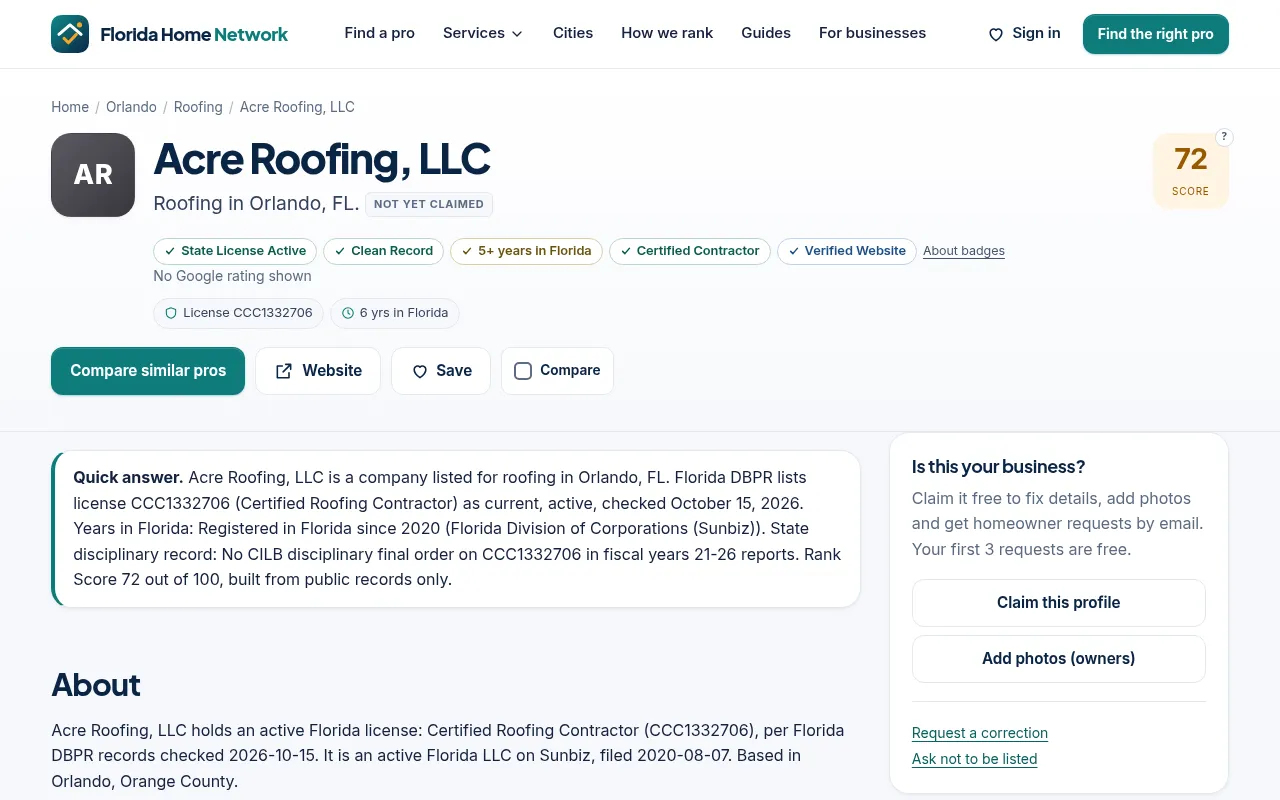 Florida Home Network contractor profile built from license records