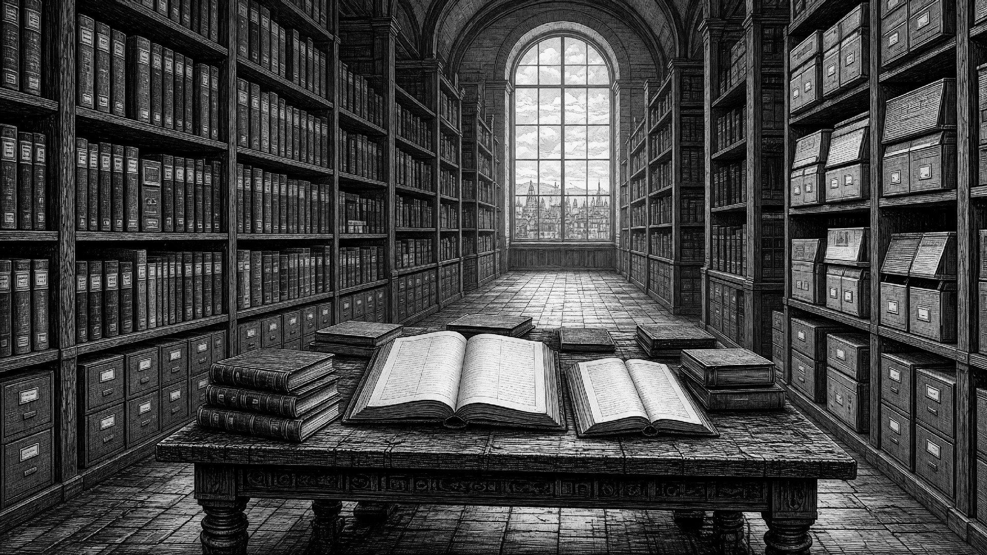 Black and white engraving of a vast library archive with shelves of ledgers and an open table of records.